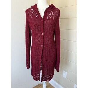 BCBGMaxazria Women's Red Knit Crochet Button Long Cardigan Hoodie XL Boho Y2K
